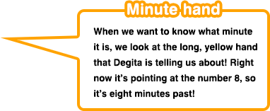 Minute hand When we want to know what minute it is, we look at the long, yellow hand that Degita is telling us about! Right now it’s pointing at the number 8, so it’s eight minutes past!
