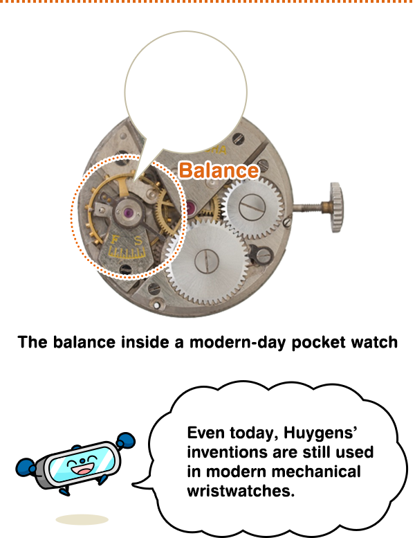 The balance inside a modern-day pocket watch Even today, Huygens’ inventions are still used in modern mechanical wristwatches.