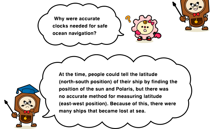 Why were accurate clocks needed for safe ocean navigation? At the time, people could tell the latitude (north-south position) of their ship by finding the position of the sun and Polaris, but there was no accurate method for measuring latitude (east-west position). Because of this, there were many ships that became lost at sea.