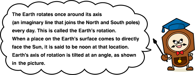 The Earth rotates once around its axis (an imaginary line that joins the North and South poles) every day. This is called the Earth’s rotation. When a place on the Earth’s surface comes to directly face the Sun, it is said to be noon at that location. Earth’s axis of rotation is tilted at an angle, as shown in the picture.