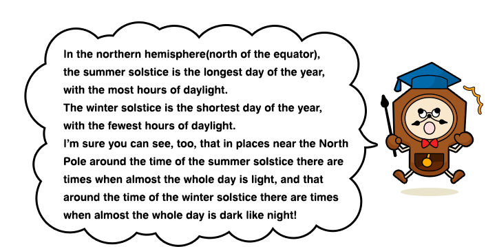 In the northern hemisphere(north of the equator), the summer solstice is the longest day of the year, with the most hours of daylight. The winter solstice is the shortest day of the year, with the fewest hours of daylight. I’m sure you can see, too, that in places near the North Pole around the time of the summer solstice there are times when almost the whole day is light, and that around the time of the winter solstice there are times when almost the whole day is dark like night!