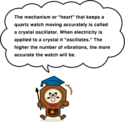 The mechanism or “heart” that keeps a quartz watch moving accurately is called a crystal oscillator. When electricity is applied to a crystal it “oscillates.” The higher the number of vibrations, the more accurate the watch will be.