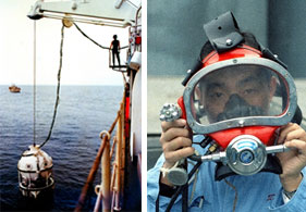 (Left) A spherical underwater elevator (diving bell) is lowered into the water using a cable (Right) A saturation diving mask which delivers a gas mixture of helium and oxygen