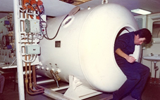 An onboard deck-mounted decompression chamber, showing the entrance/exit hatch