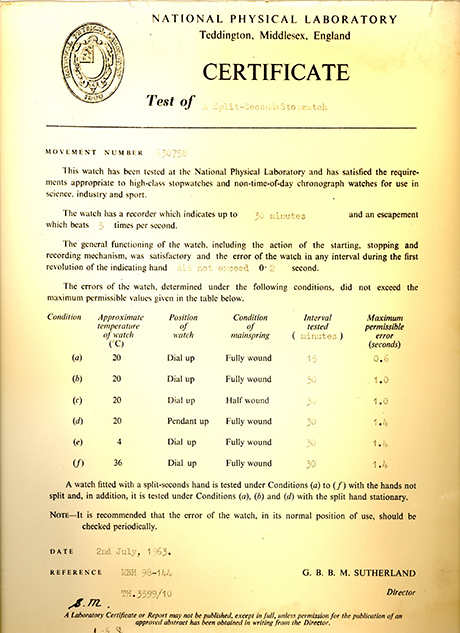 Certificate of the timing instrument tested by the National Physical Laboratory in Greenwich, England to gain approval for use during the Olympic Games