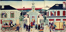 Drawing of Yokohama Shokan Tenshudo (Yokohama Trading House Church) painted by Hiroshige III.