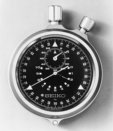 Stopwatches (1/5th second with split second hand, 1/10th second with split second hand and 1/100th second mechanical stopwatches)