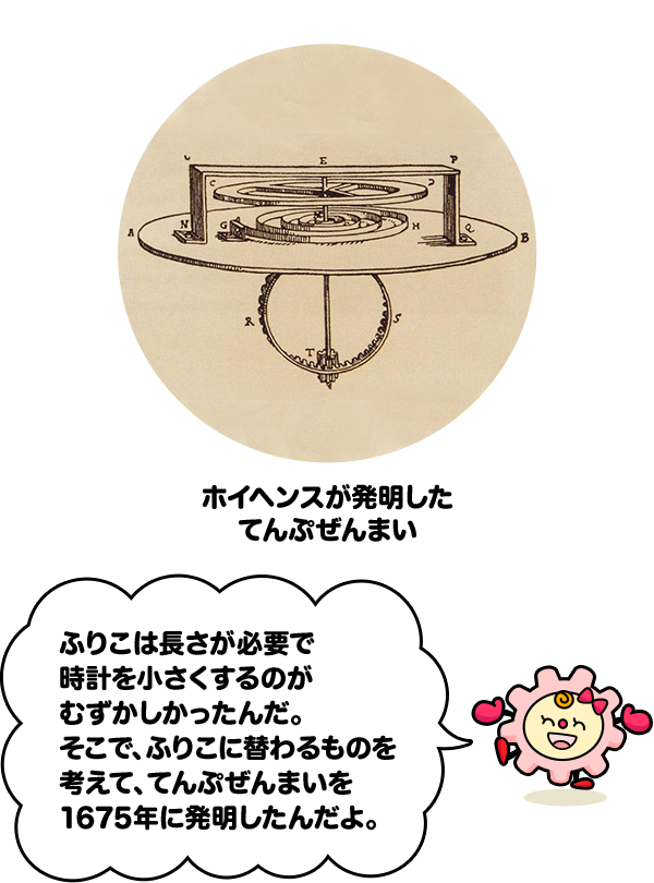 ホイヘンスが発明したてんぷぜんまいふりこは長さが必要で時計を小さくするのがむずかしかったんだ。そこで、ふりこに替わるものを考えて、てんぷぜんまいを1675年に発明したんだよ。 